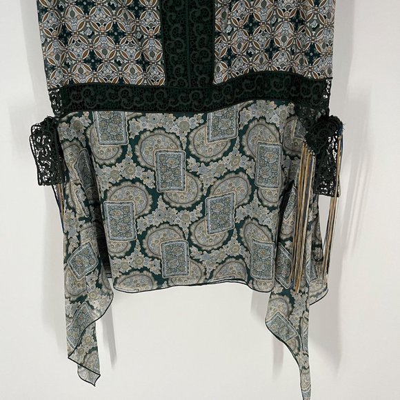 Anna Sui Green White Printed Lace Detail V-Neck Sleeveless Mini Dress 4 Silk - Picture 6 of 10